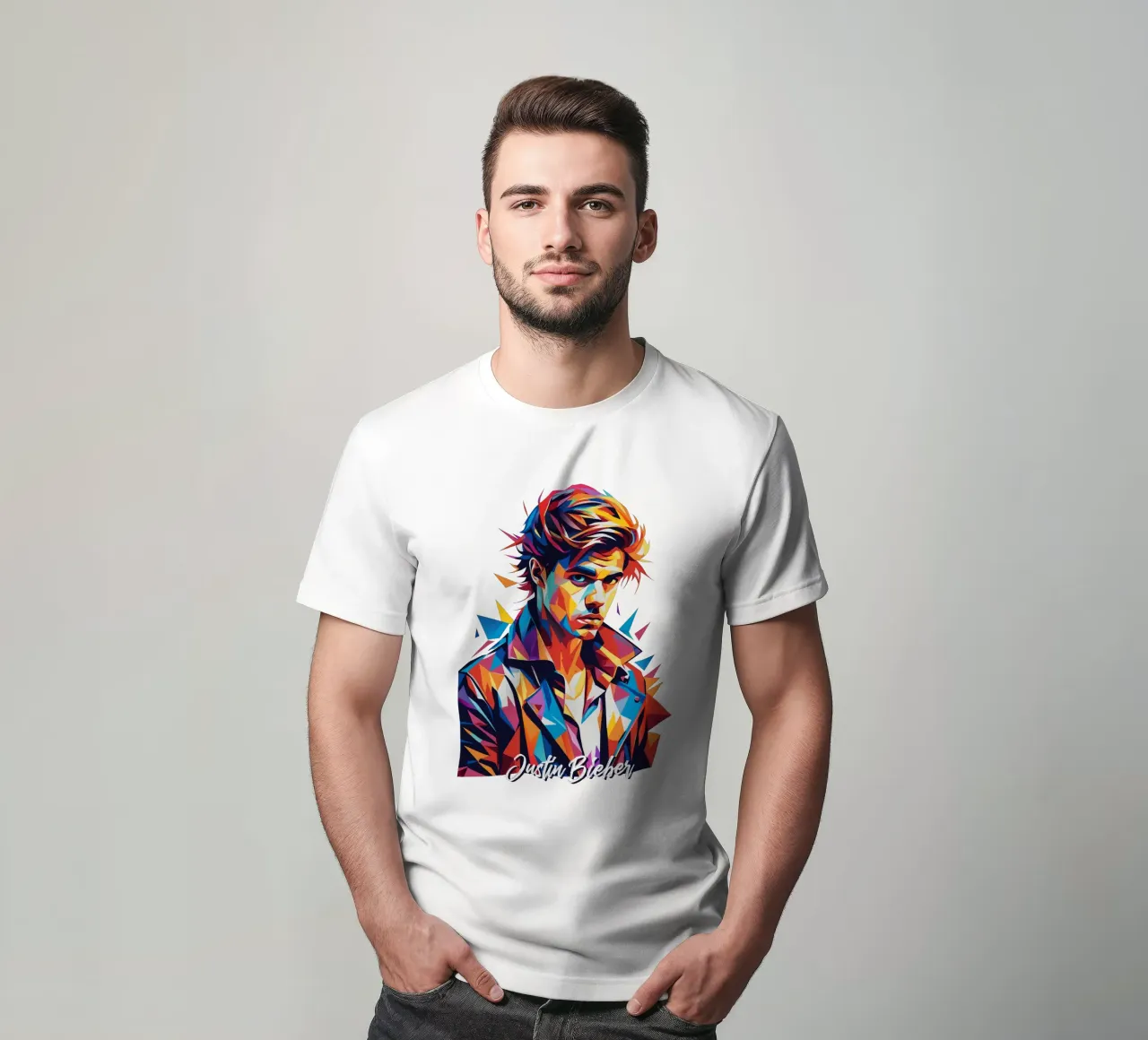 Justin Bieber Portrait in WPAP Pop Art t-shirt by vectorartnesia