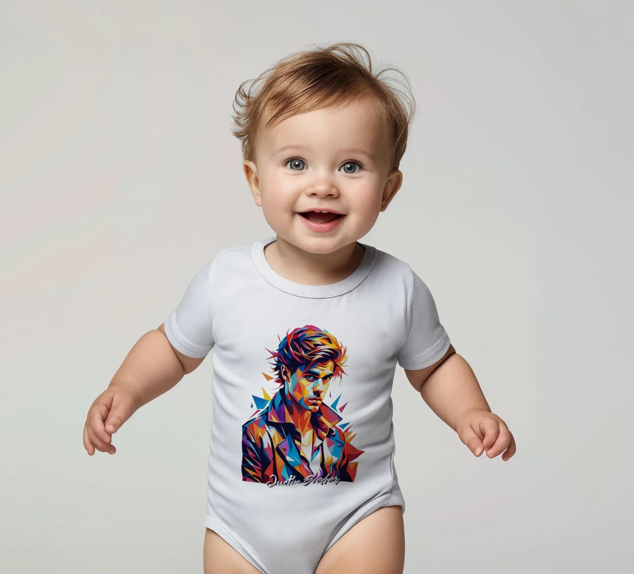 Justin Bieber Portrait in WPAP Pop Art body neonato maniche corte da vectorartnesia