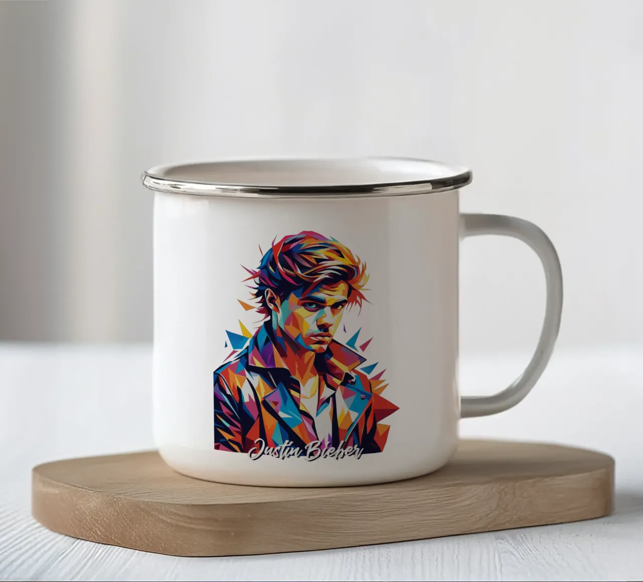 Justin Bieber Portrait in WPAP Pop Art Emaille Tasse von vectorartnesia