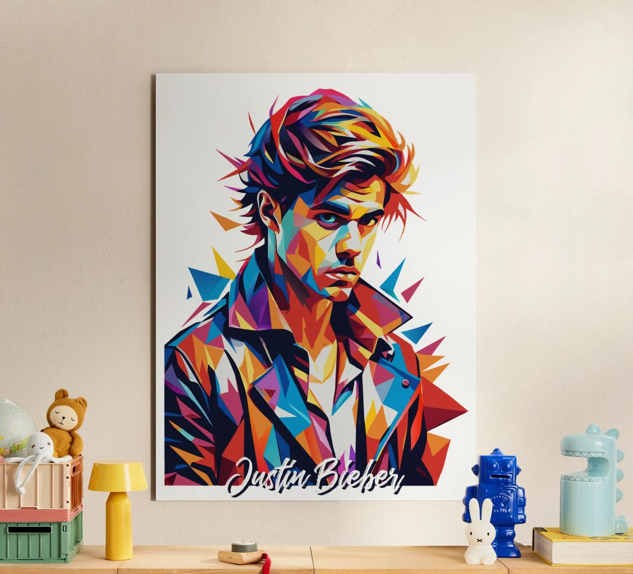 Justin Bieber Portrait in WPAP Pop Art alluminio dibond da vectorartnesia