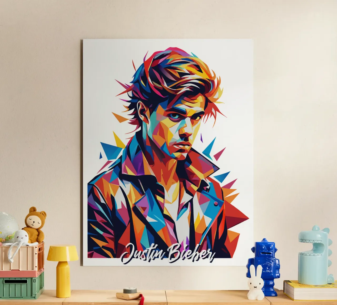 Justin Bieber Portrait in WPAP Pop Art pannello forex da vectorartnesia