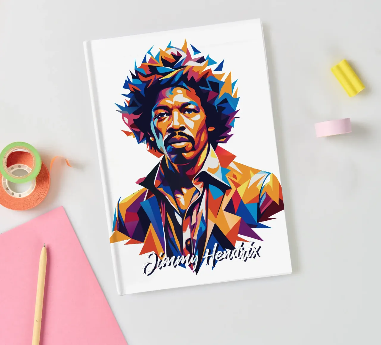 Jimmy Hendrix Portrait in WPAP Pop Art notebook by vectorartnesia
