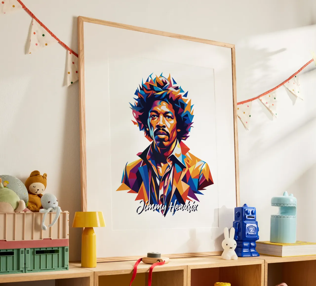 Ritratto di Jimmy Hendrix in WPAP Pop Art poster con telaio in plastica da vectorartnesia