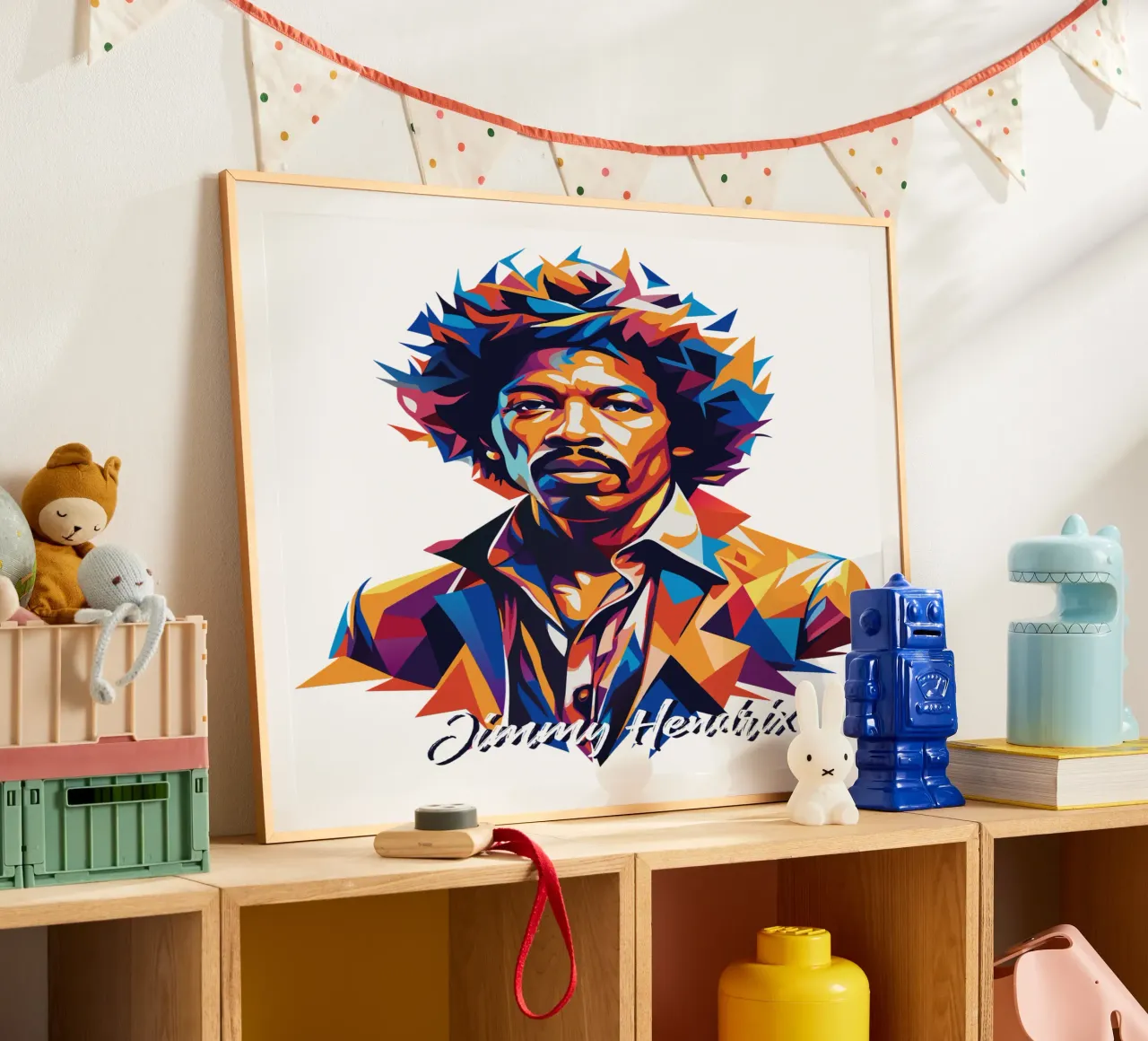 Ritratto di Jimmy Hendrix in WPAP Pop Art poster con telaio in plastica da vectorartnesia