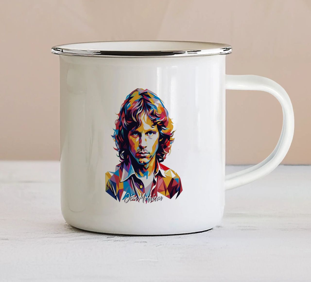 Ritratto di Jim Morrison in WPAP Pop Art tazza in smalto da vectorartnesia