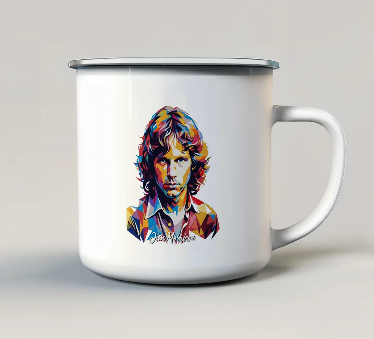 Retrato de Jim Morrison en WPAP Pop Art taza de esmalte de vectorartnesia