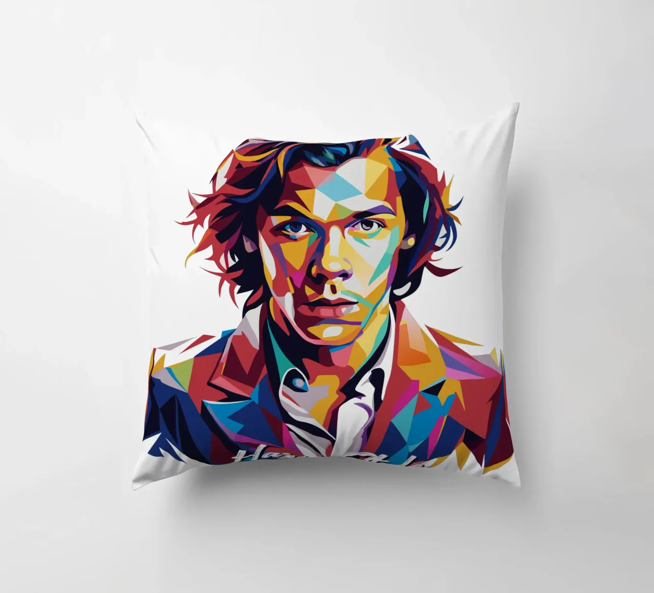 Harry Style Portrait in WPAP Pop Art Kissen von vectorartnesia