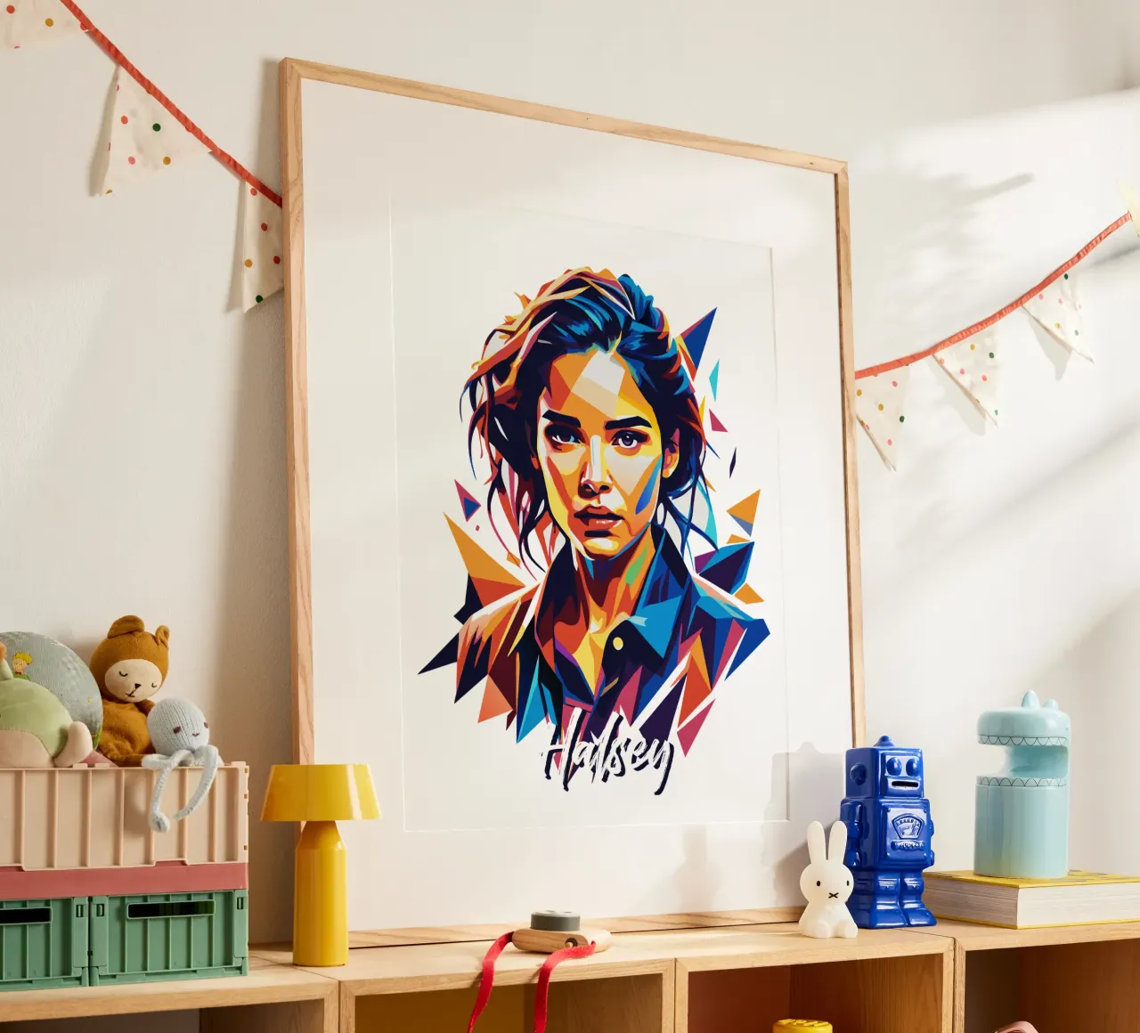 Ritratto di Halsey in WPAP Pop Art poster con telaio in legno da vectorartnesia
