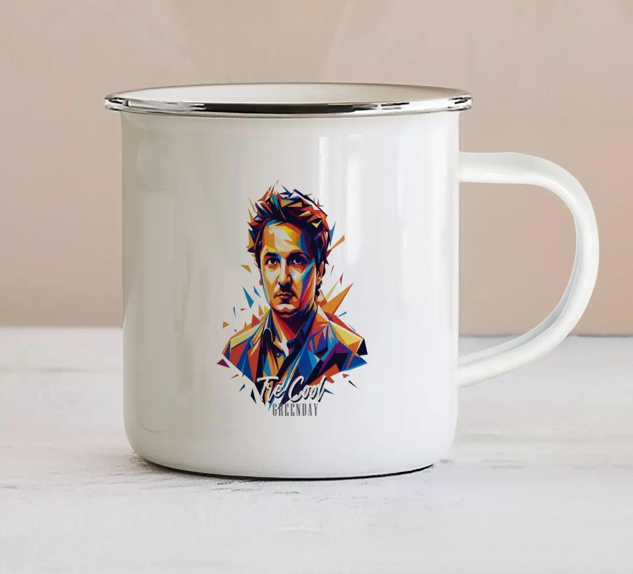 Tre Cool Portrait in WPAP Pop Art Emaille Tasse von vectorartnesia