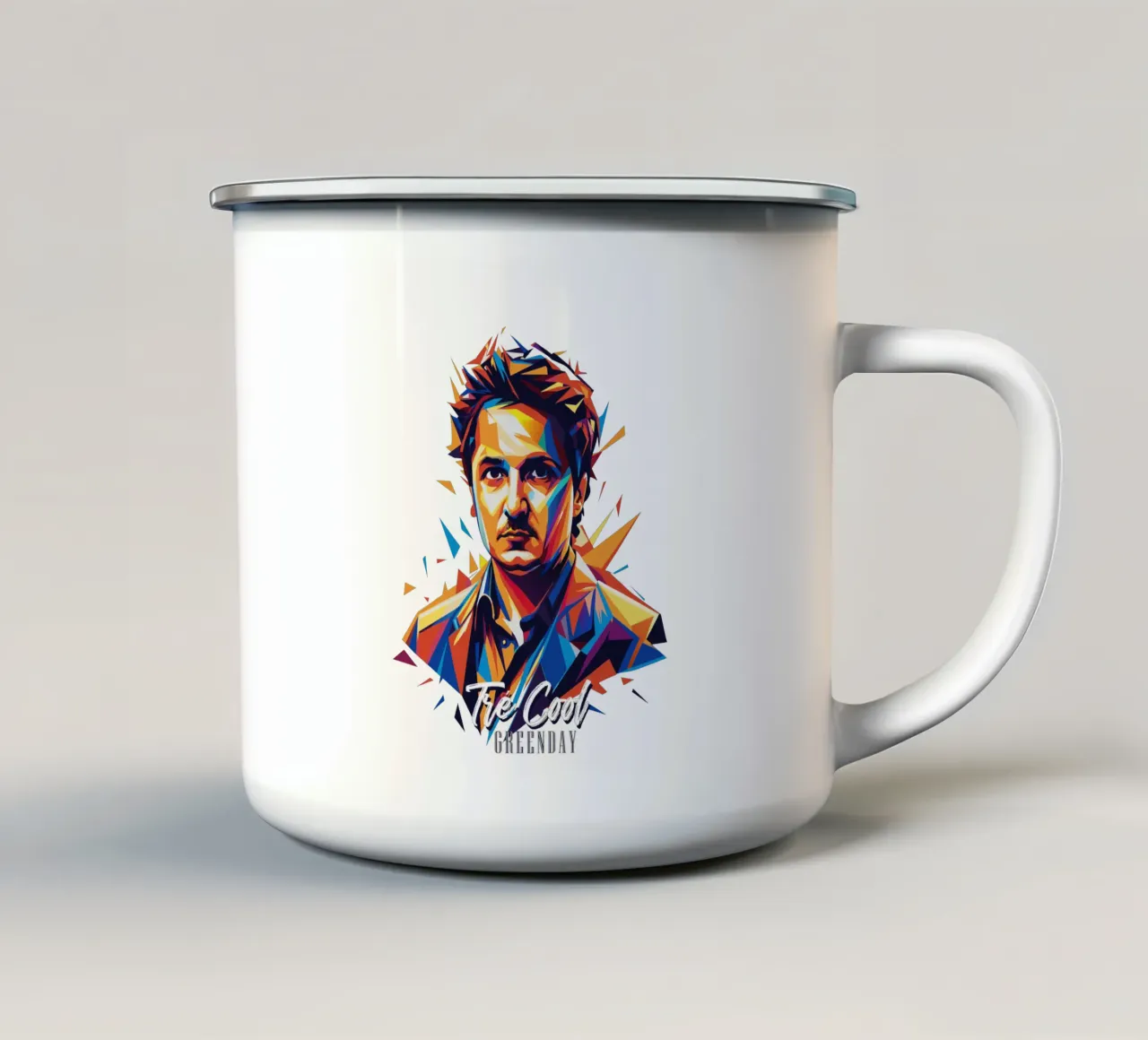 Tre Cool Portrait in WPAP Pop Art Emaille Tasse von vectorartnesia
