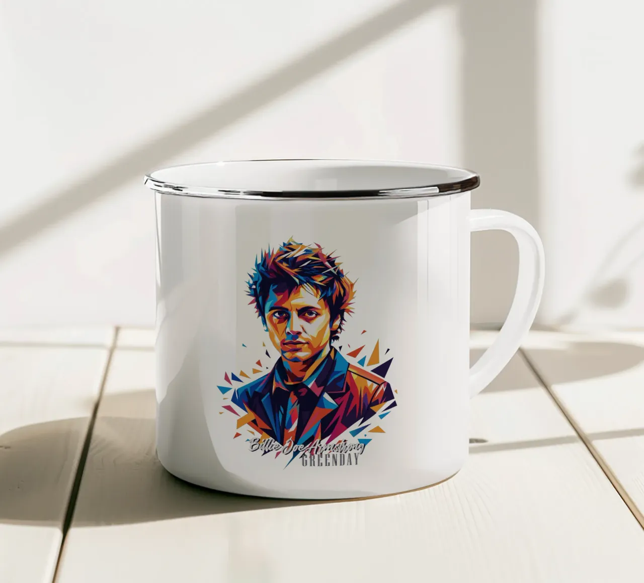 Billie Joe Armstrong Portrait in WPAP Pop Art Emaille Tasse von vectorartnesia