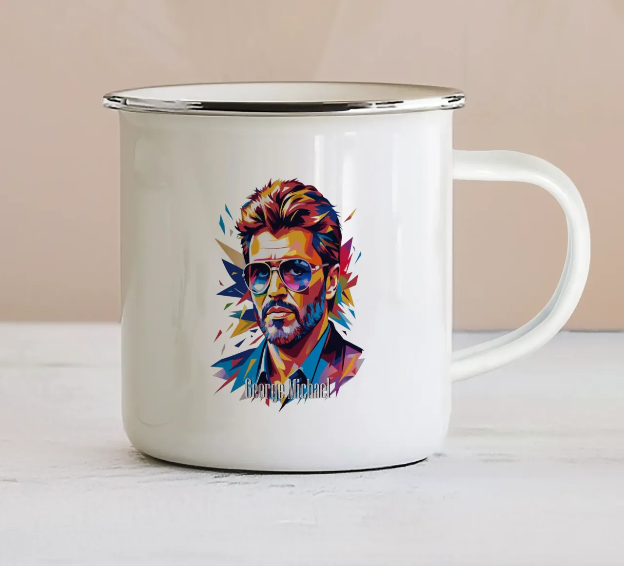 George Michael Portrait in WPAP Pop Art Emaille Tasse von vectorartnesia