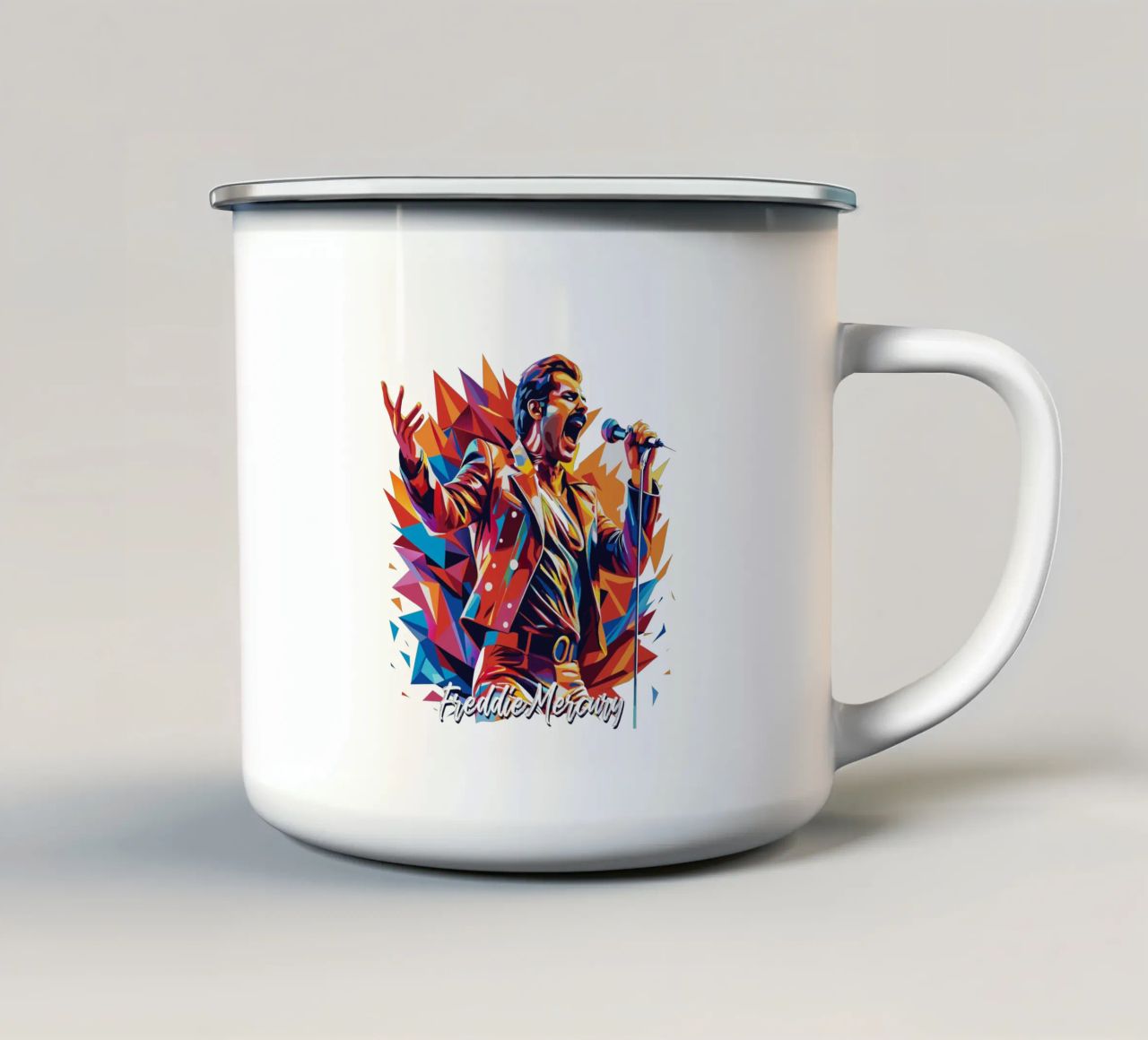 Freddie Mercury in WPAP Pop Art Emaille Tasse von vectorartnesia