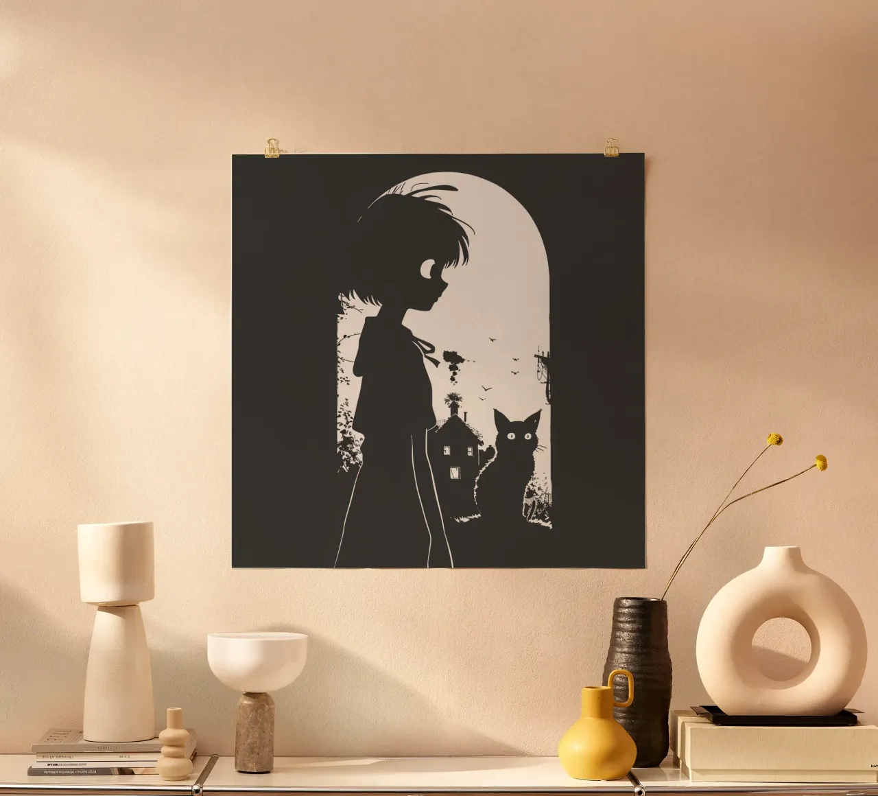 La ragazza e il gatto poster con telaio in legno da pixel