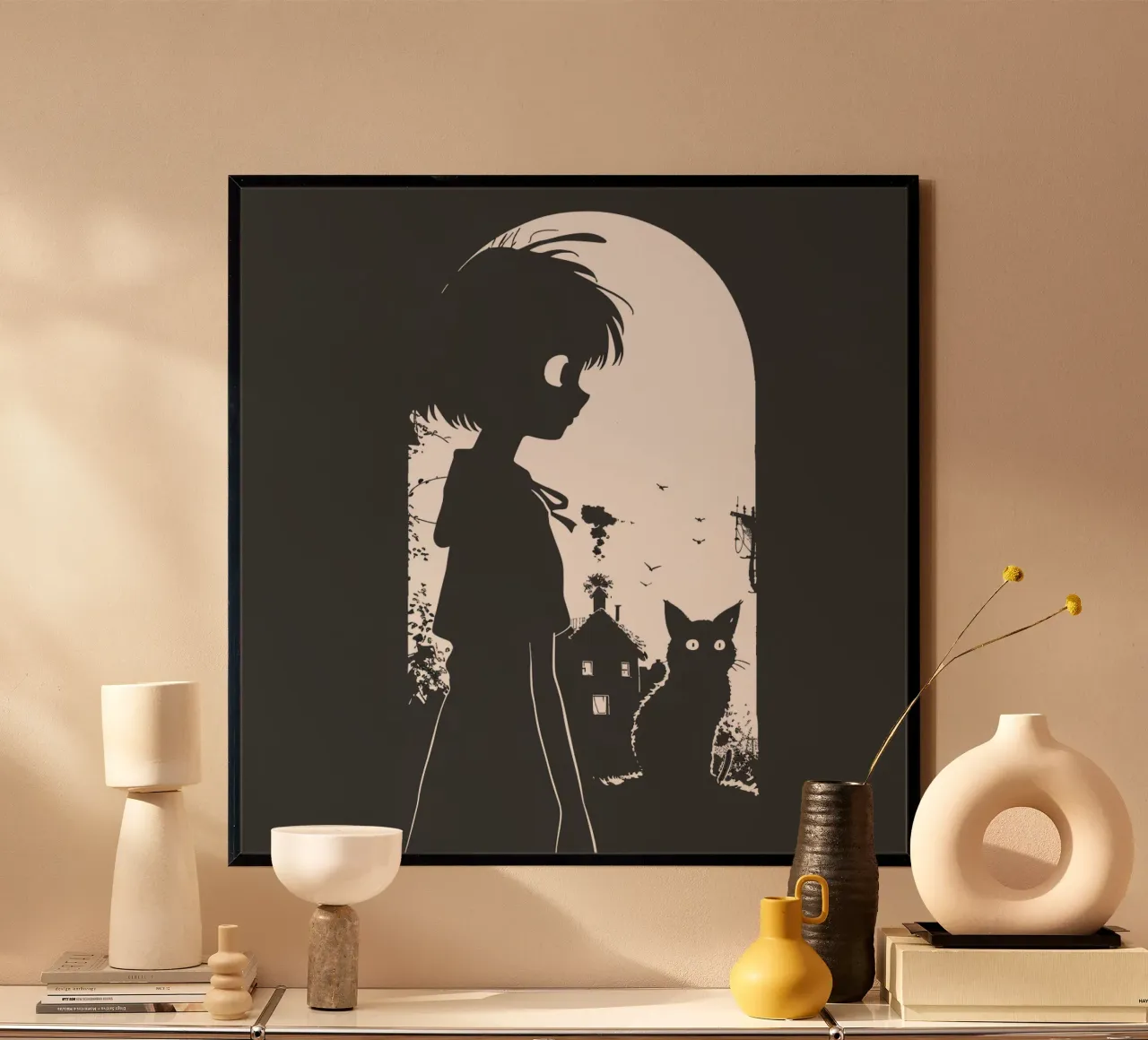 La ragazza e il gatto poster con telaio in legno da pixel