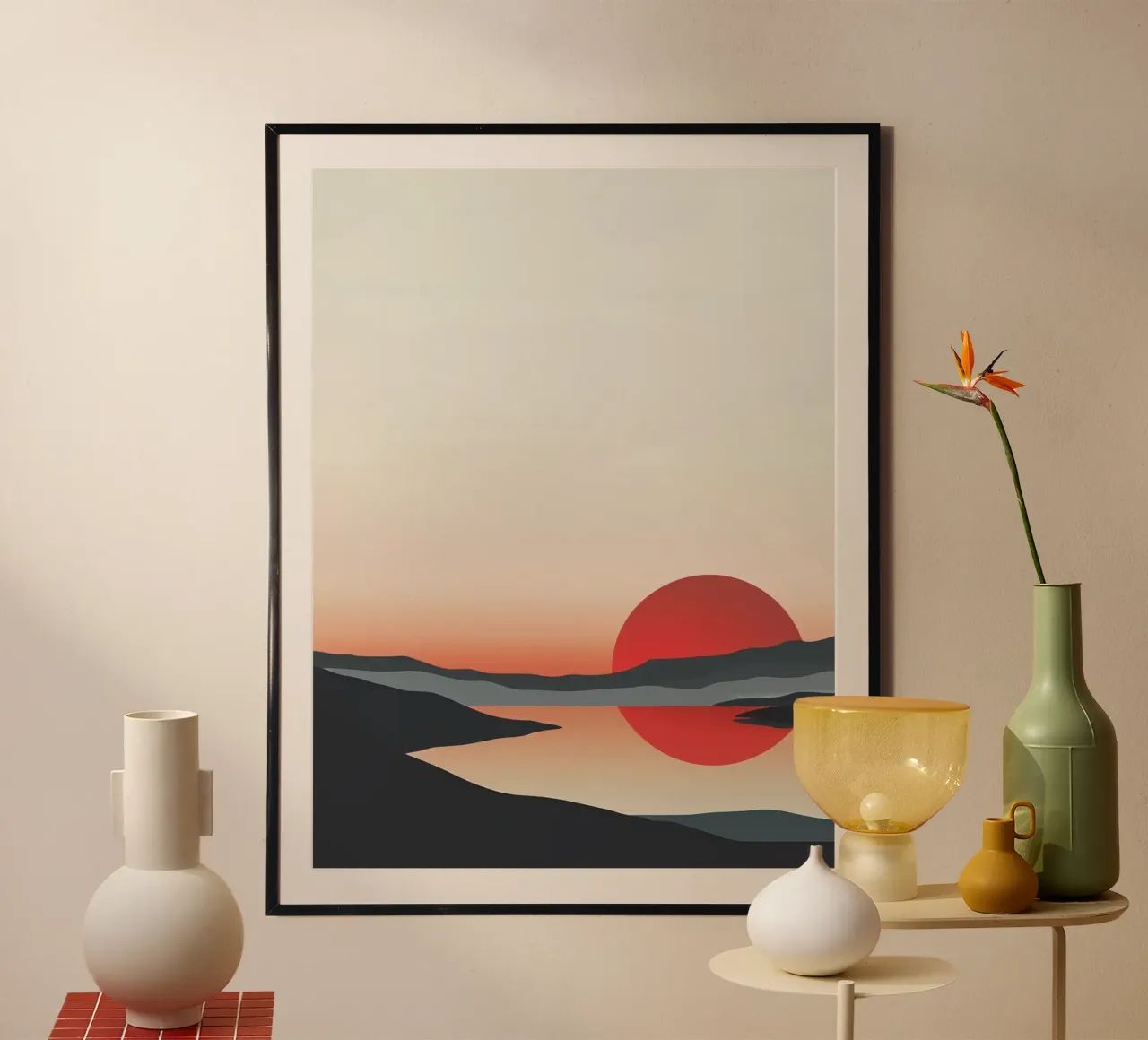 Minimalist red and black landscape poster with wooden frame by pixel
