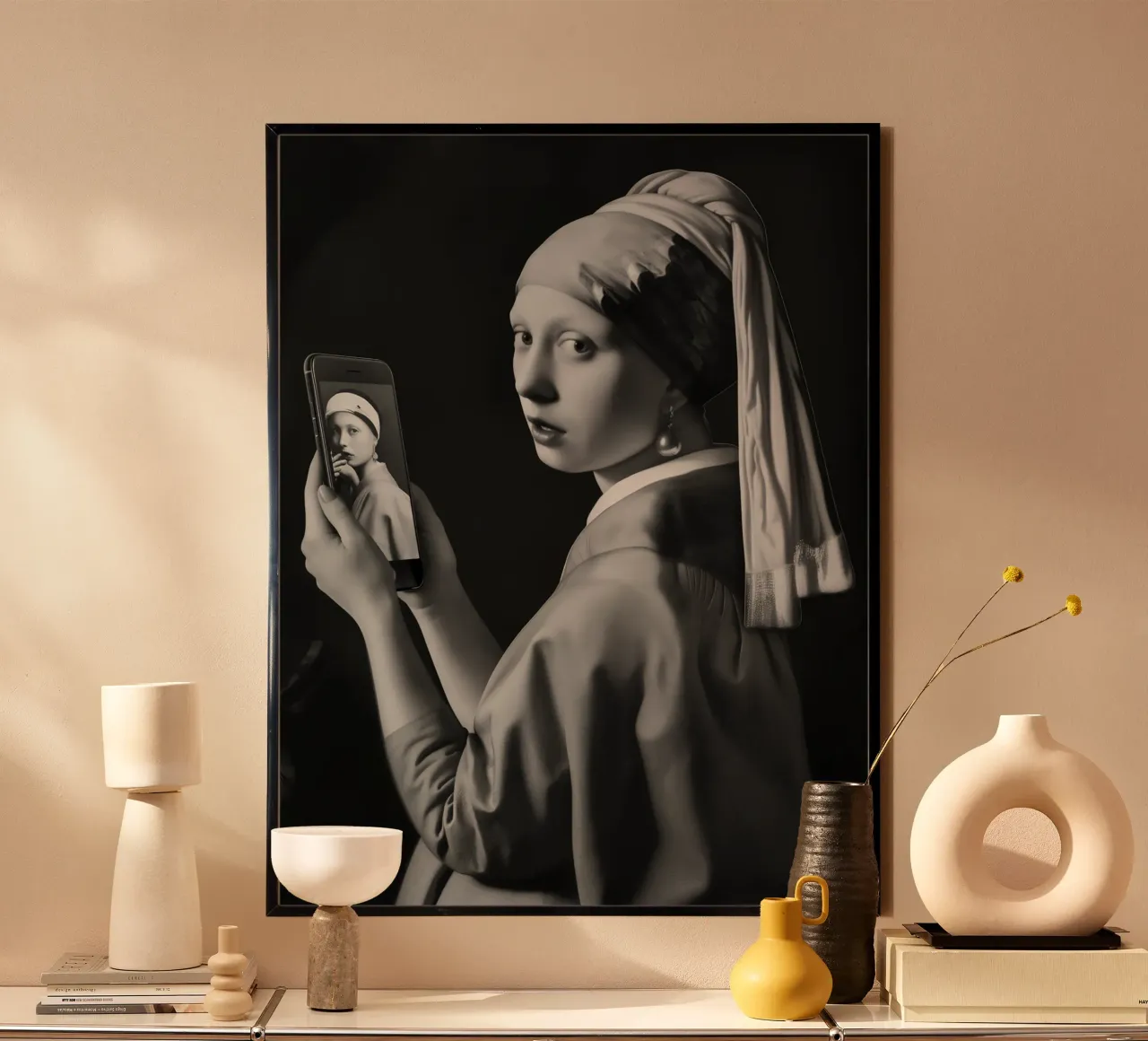 Selfie della ragazza con l'orecchino di perla ispirato a Vermeer poster con telaio in plastica da Autofocus