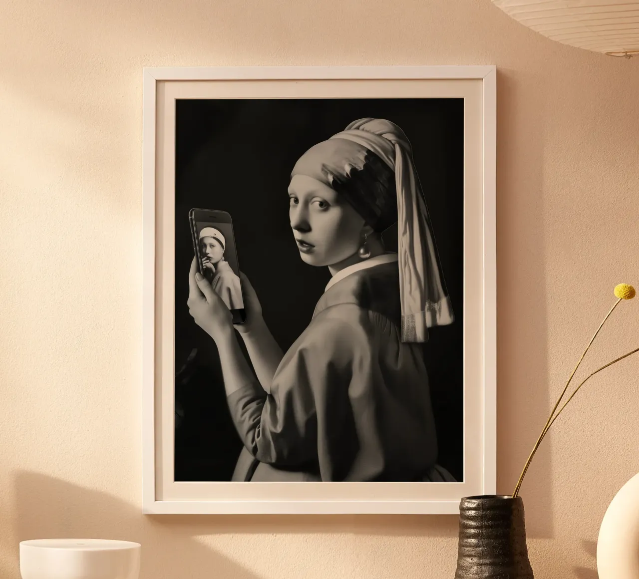Selfie della ragazza con l'orecchino di perla ispirato a Vermeer poster con telaio in plastica da Autofocus