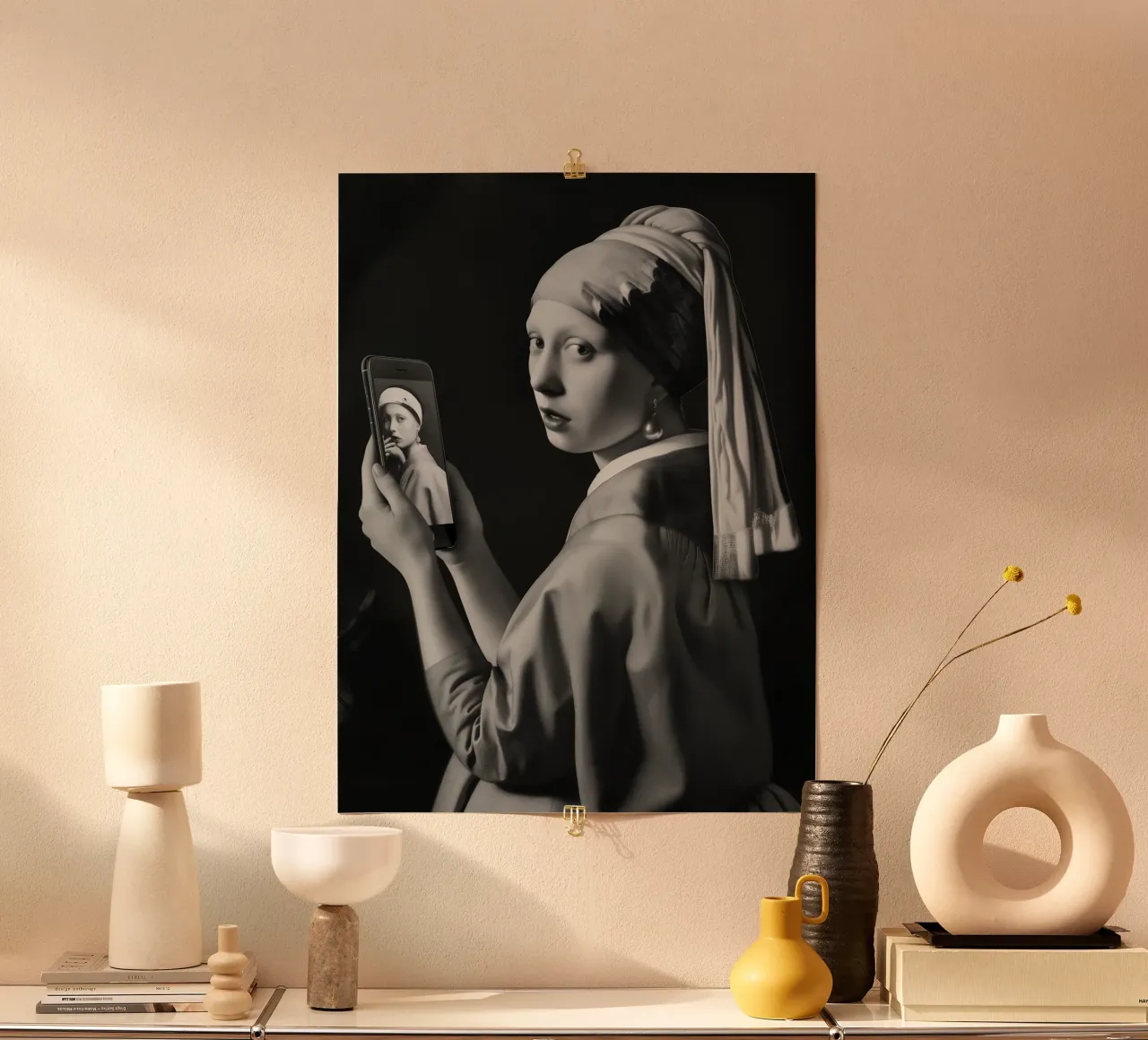 Selfie della ragazza con l'orecchino di perla ispirato a Vermeer poster con telaio in plastica da Autofocus