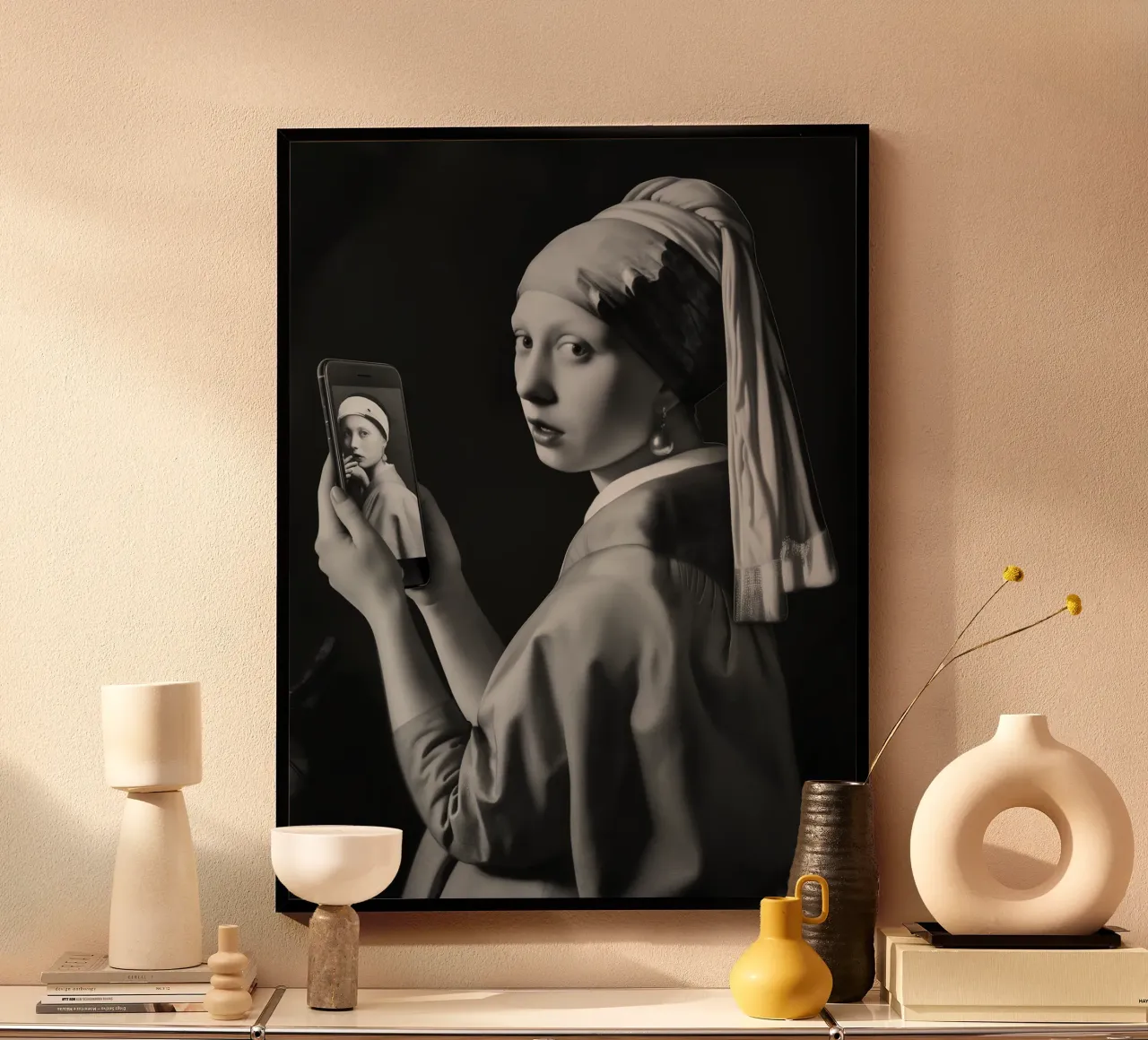 Selfie della ragazza con l'orecchino di perla ispirato a Vermeer poster con telaio in plastica da Autofocus