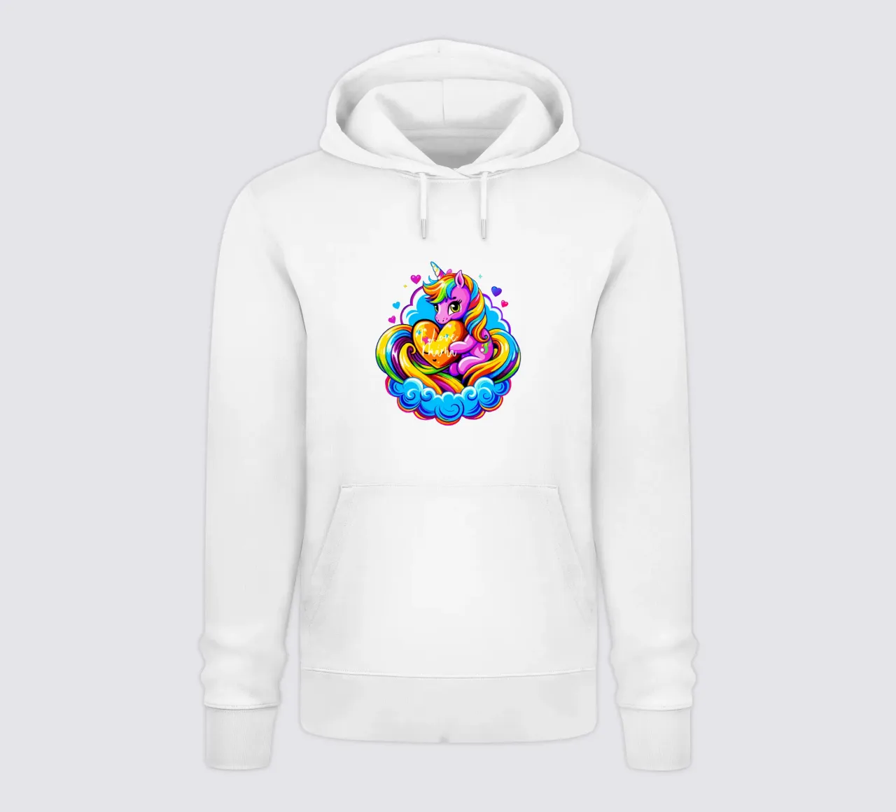 Cute Unicorn Hugging a Heart Pillow on a Cloud - Custom Text felpa con cappuccio da Artnesia