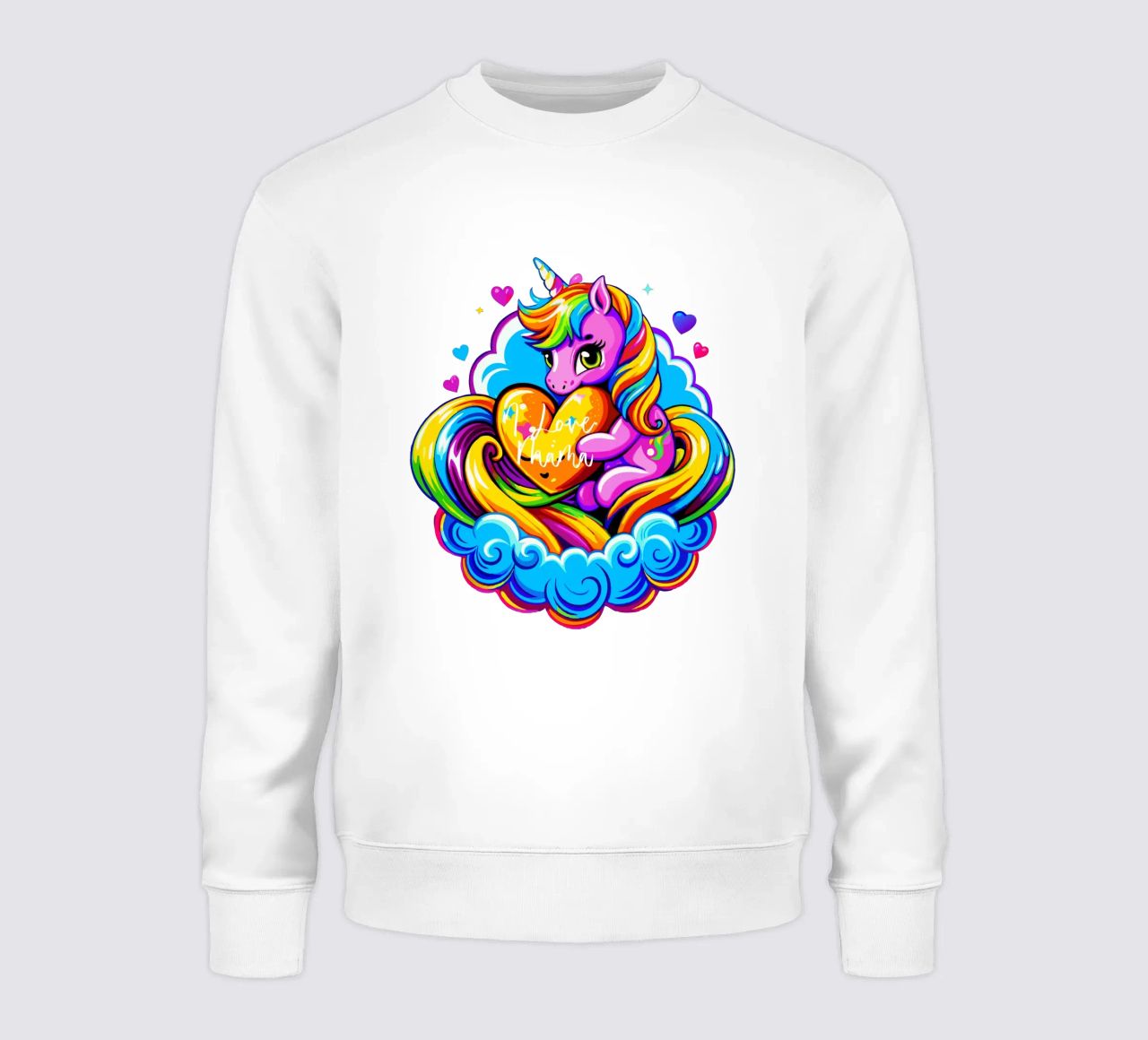 Cute Unicorn Hugging a Heart Pillow on a Cloud - Custom Text Sweatshirt von Artnesia