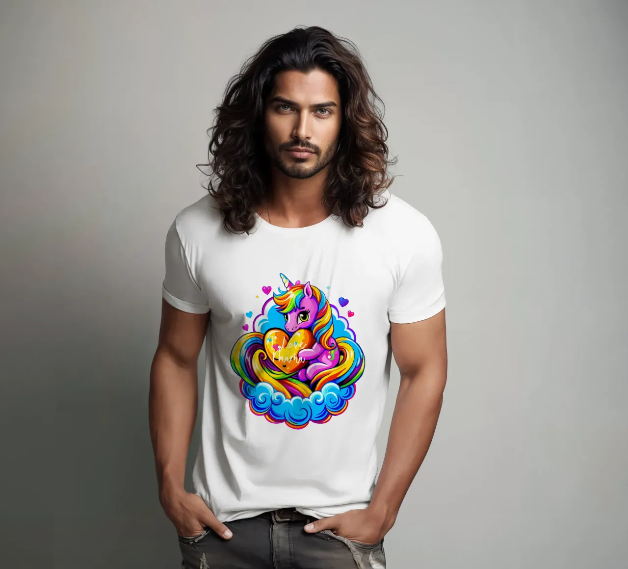 Cute Unicorn Hugging a Heart Pillow on a Cloud - Custom Text t-shirt da Artnesia