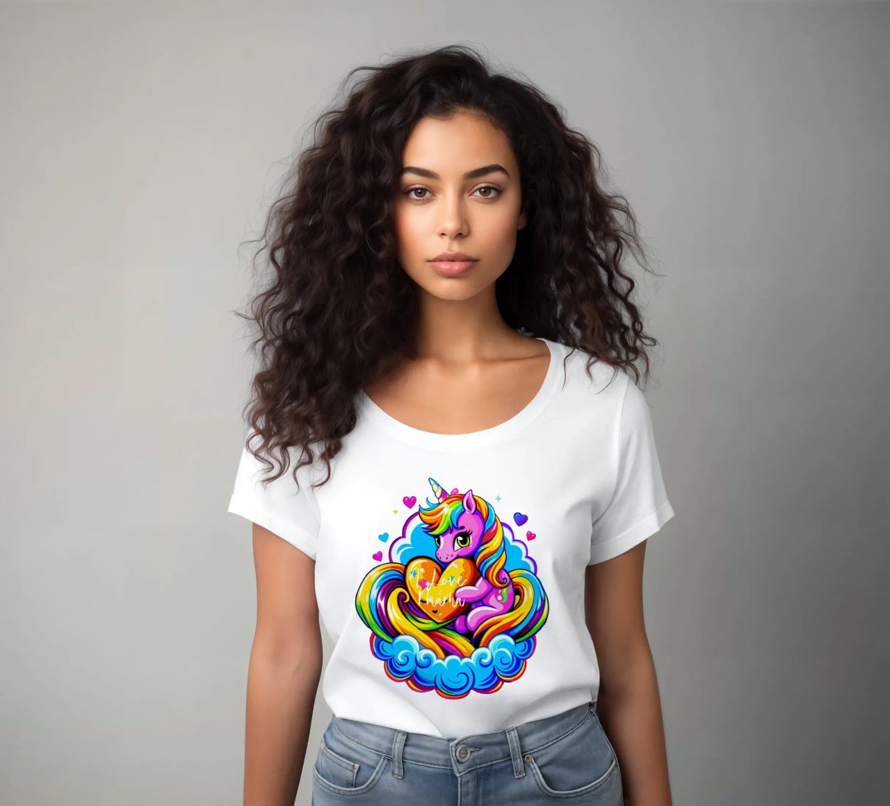 Cute Unicorn Hugging a Heart Pillow on a Cloud - Custom Text t-shirt da donna da Artnesia