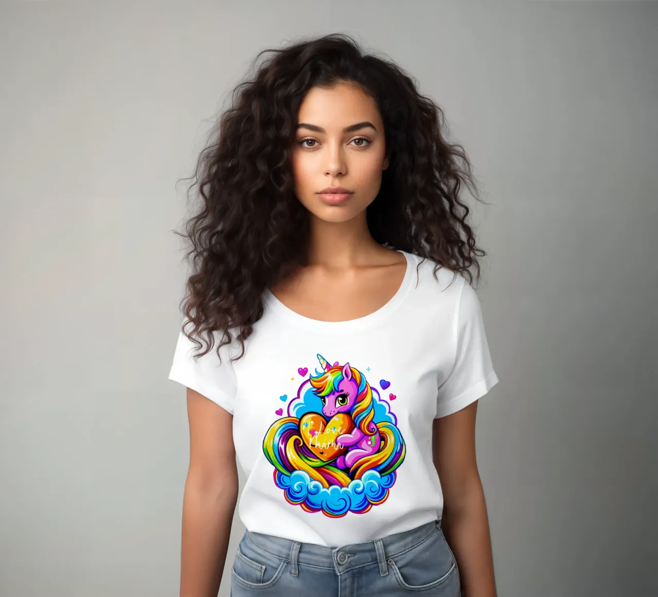 Cute Unicorn Hugging a Heart Pillow on a Cloud - Custom Text women's fitted t-shirt by Artnesia