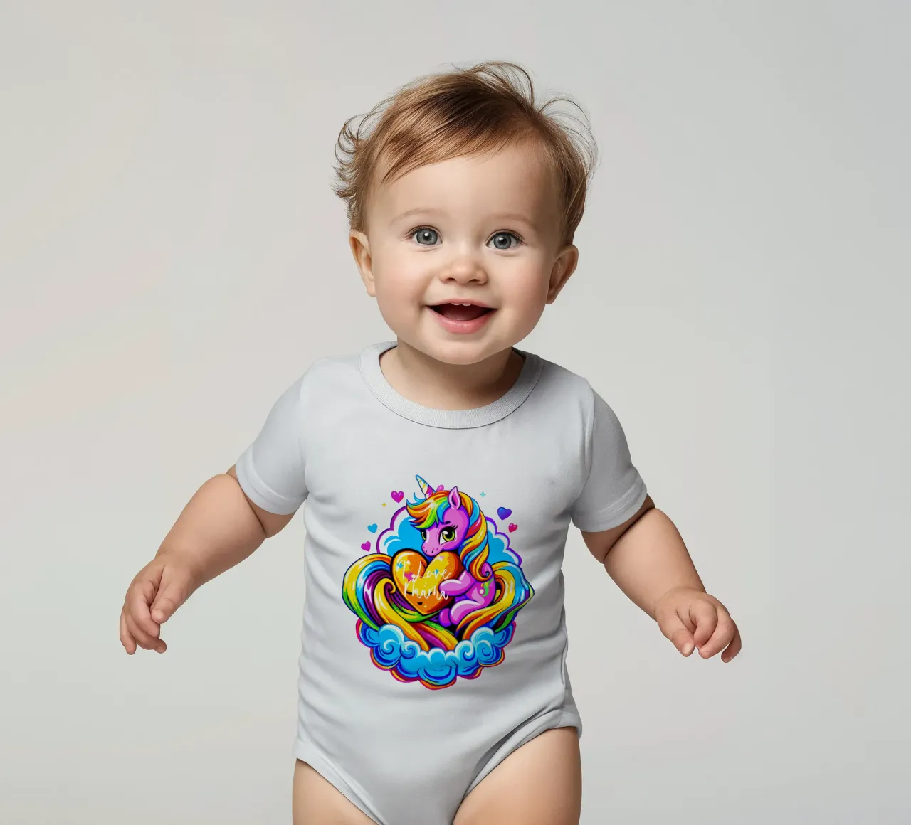 Cute Unicorn Hugging a Heart Pillow on a Cloud - Custom Text body neonato maniche corte da Artnesia