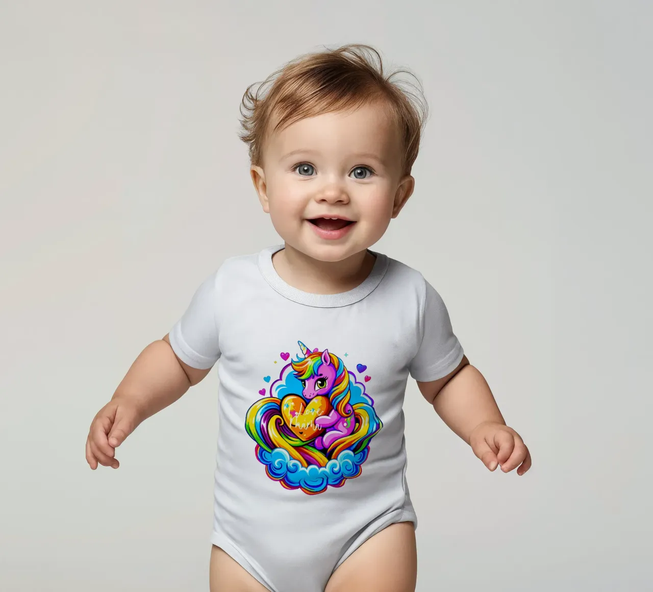 Cute Unicorn Hugging a Heart Pillow on a Cloud - Custom Text body bébé de Artnesia