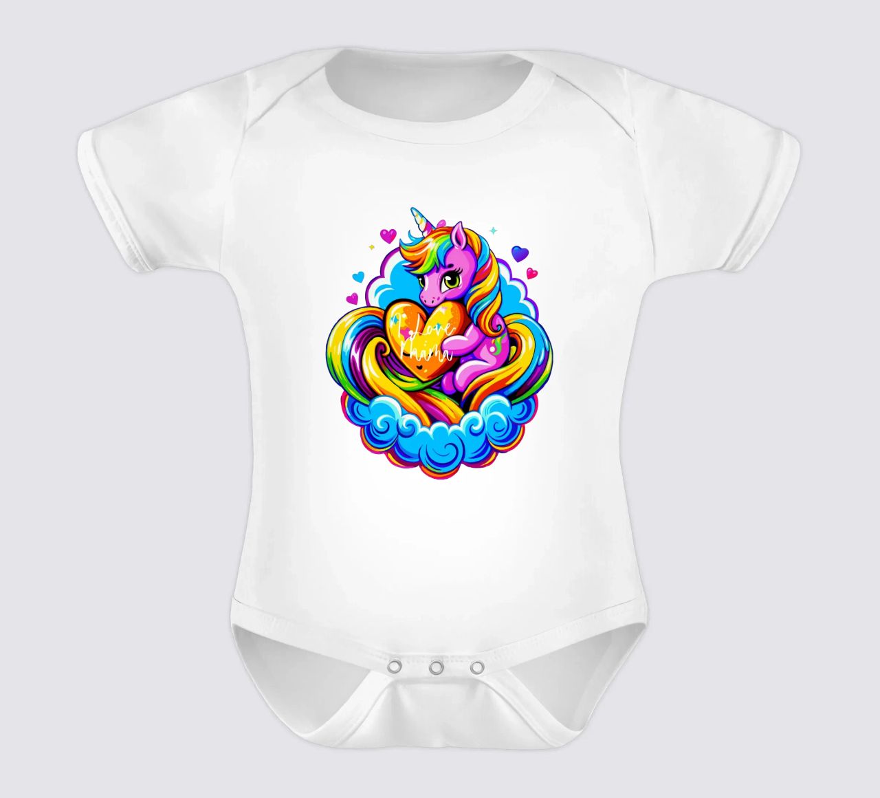 Cute Unicorn Hugging a Heart Pillow on a Cloud - Custom Text Kurzarm Babybody von Artnesia