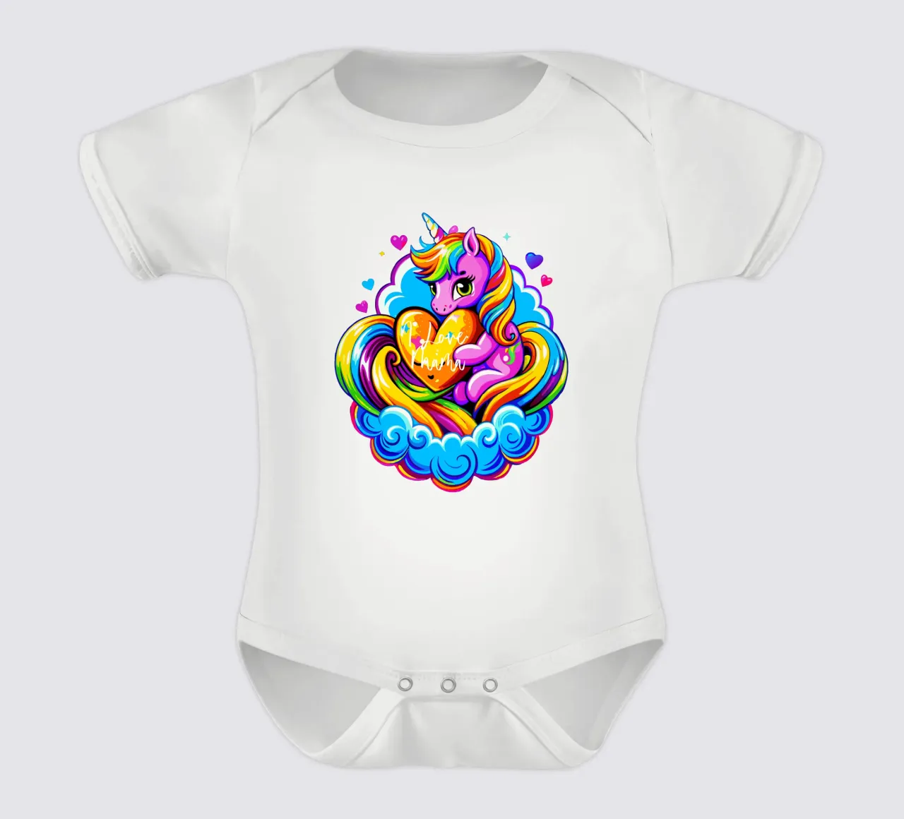 Cute Unicorn Hugging a Heart Pillow on a Cloud - Custom Text body neonato maniche corte da Artnesia
