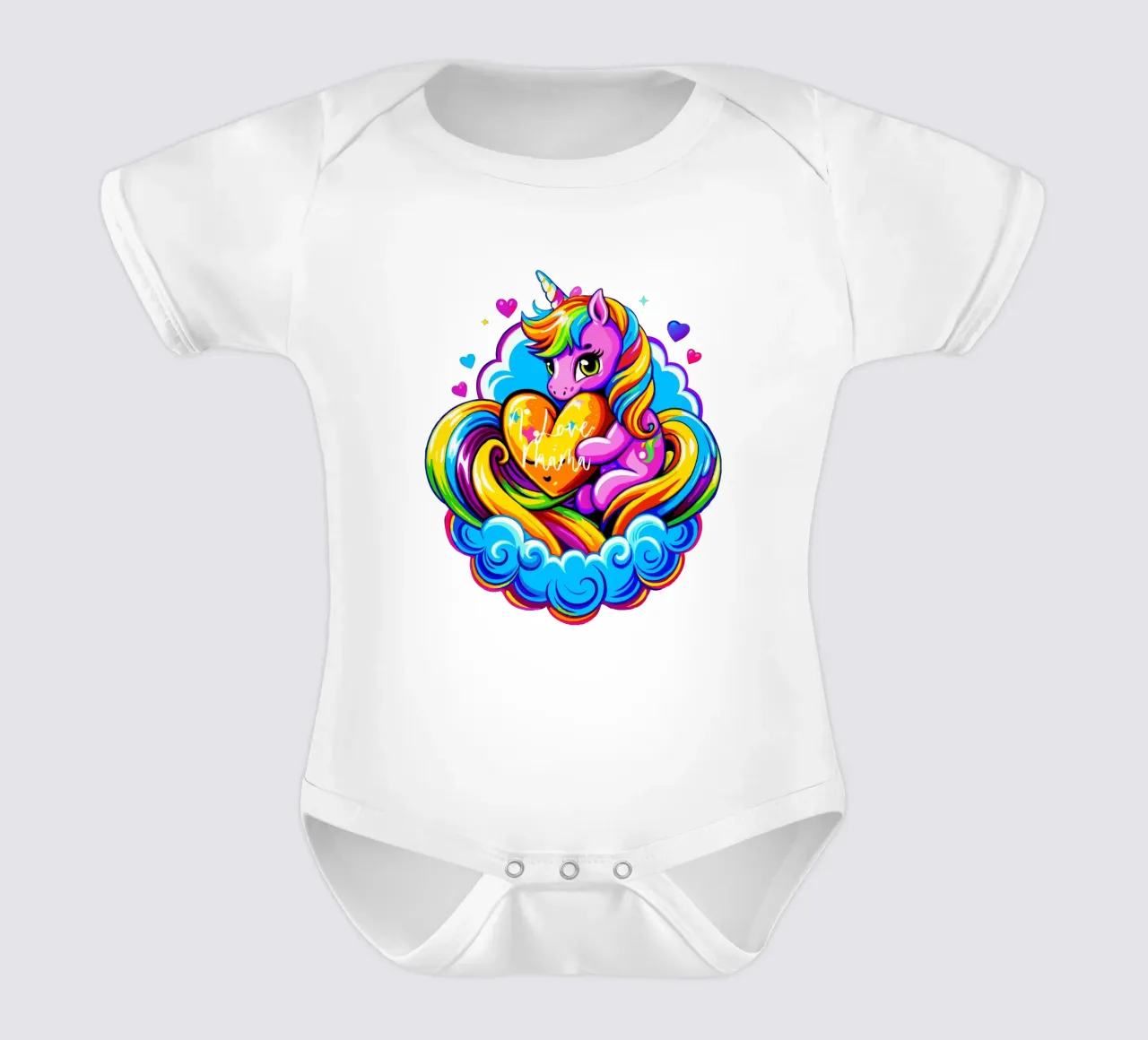 Cute Unicorn Hugging a Heart Pillow on a Cloud - Custom Text body bébé de Artnesia