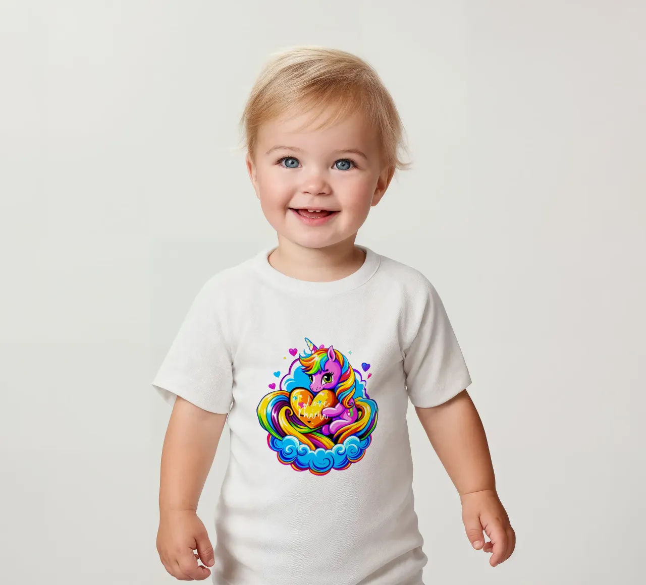 Cute Unicorn Hugging a Heart Pillow on a Cloud - Custom Text maglietta neonato da Artnesia