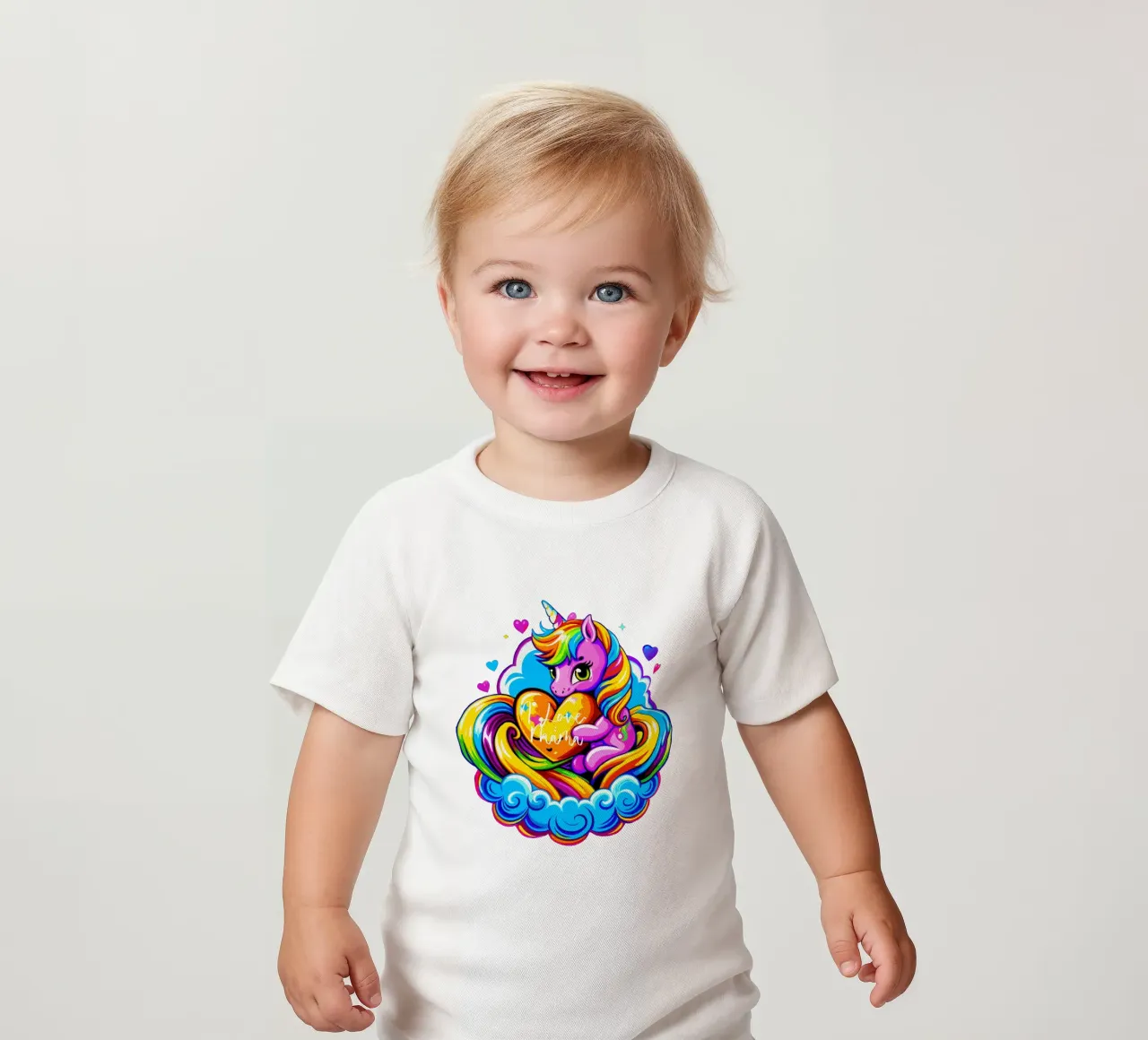 Cute Unicorn Hugging a Heart Pillow on a Cloud - Custom Text baby t-shirt van Artnesia