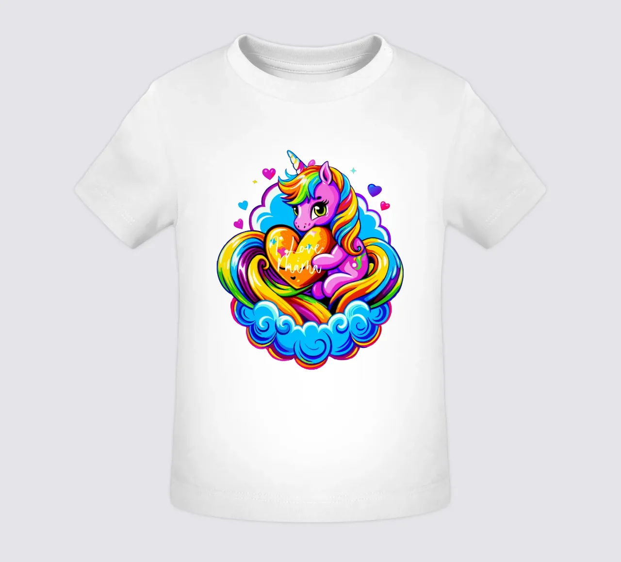 Cute Unicorn Hugging a Heart Pillow on a Cloud - Custom Text baby t-shirt van Artnesia
