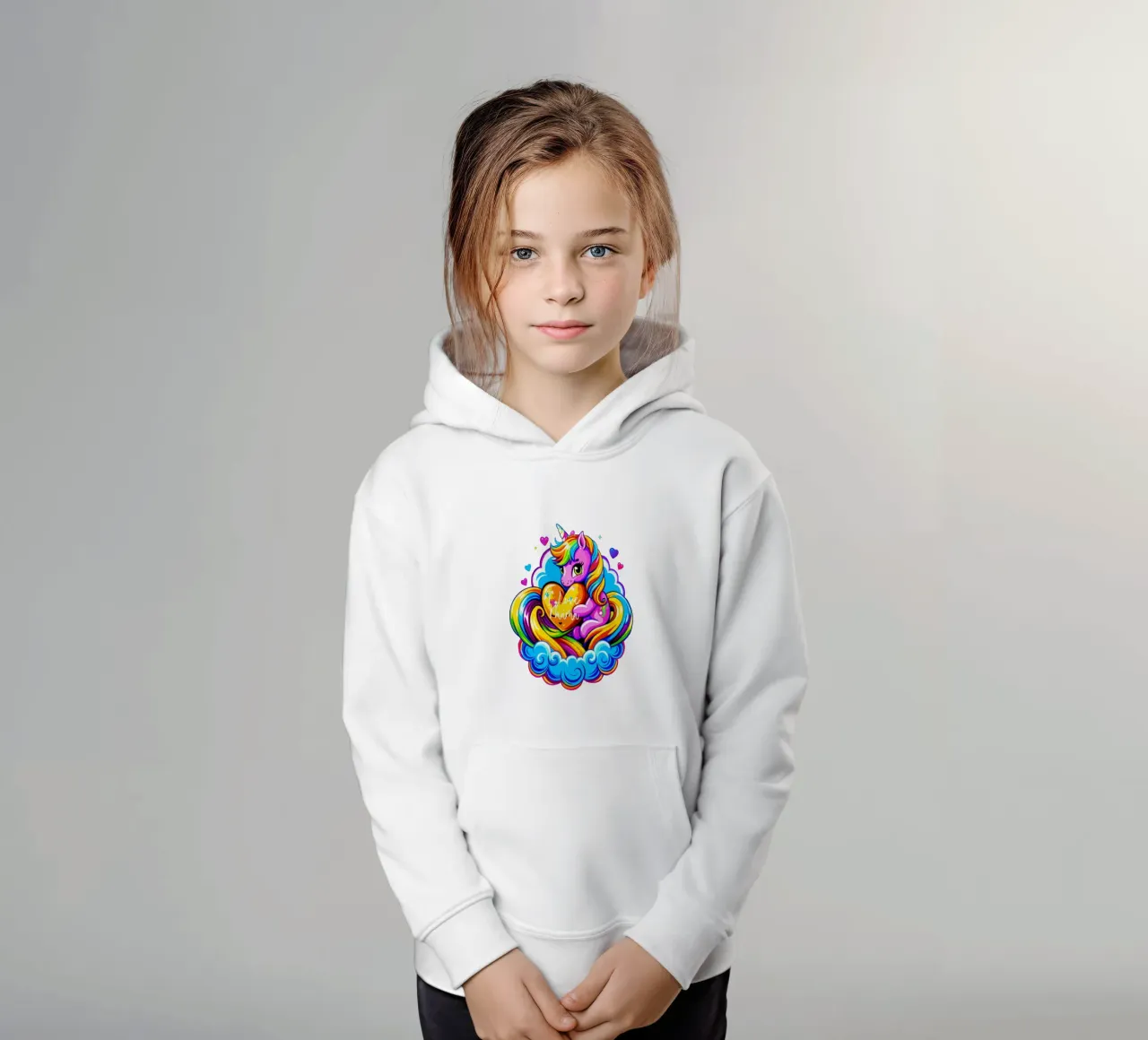 Cute Unicorn Hugging a Heart Pillow on a Cloud - Custom Text kids hoodie by Artnesia