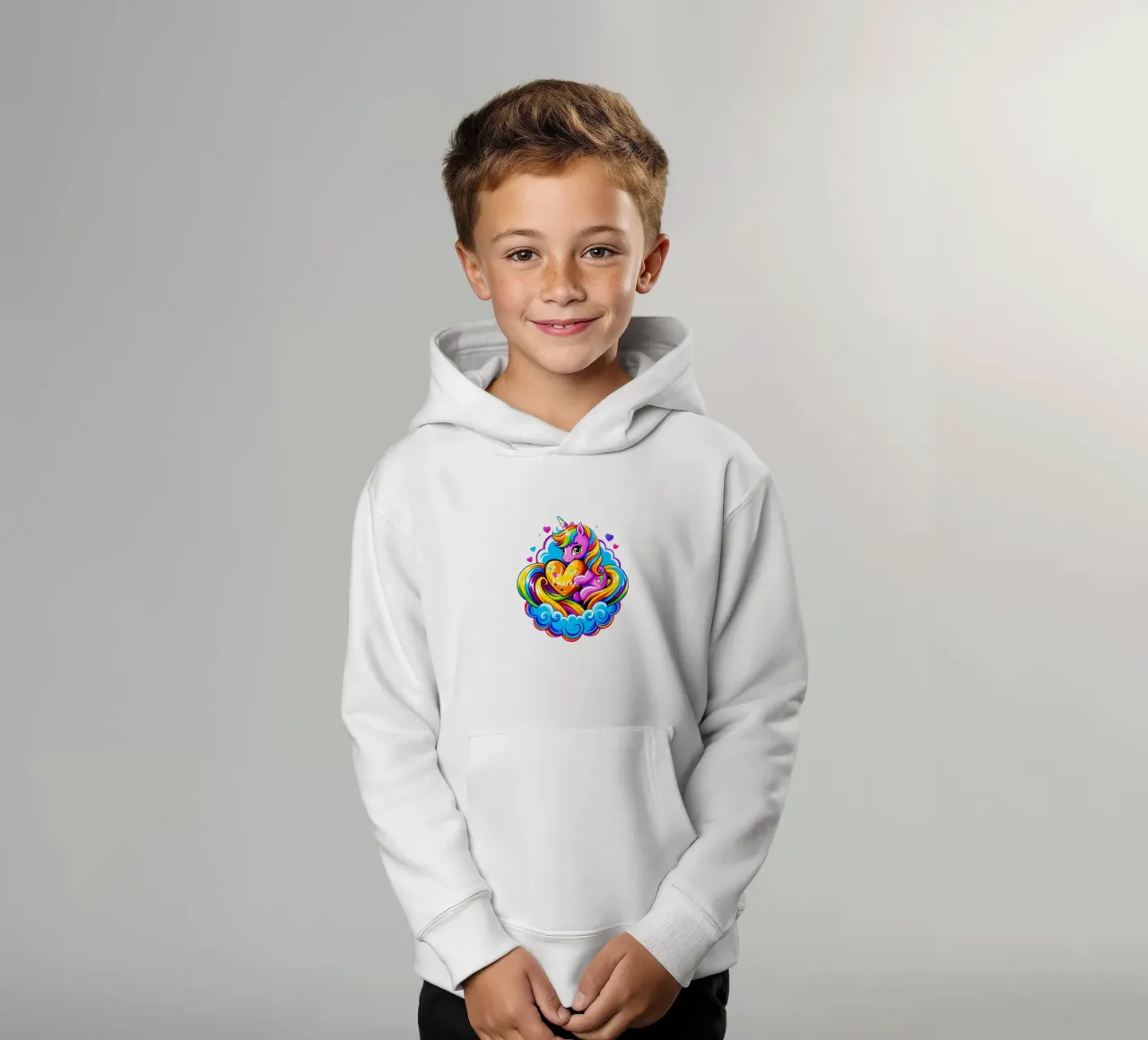 Cute Unicorn Hugging a Heart Pillow on a Cloud - Custom Text felpa bambino con cappuccio da Artnesia