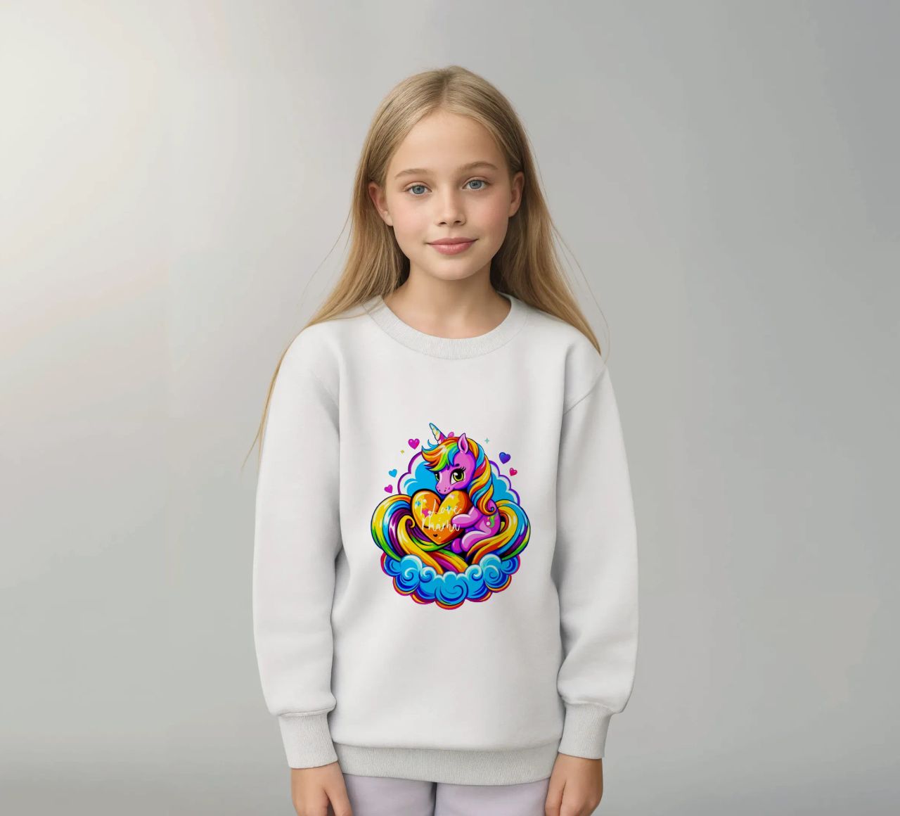 Cute Unicorn Hugging a Heart Pillow on a Cloud - Custom Text felpa bambino da Artnesia