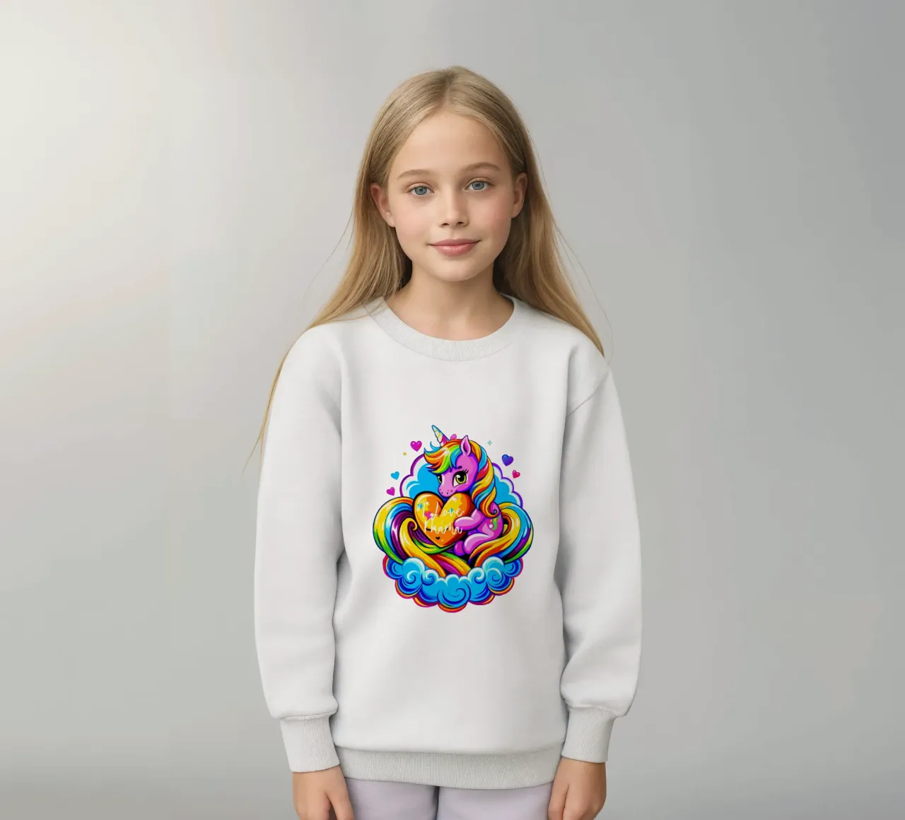 Cute Unicorn Hugging a Heart Pillow on a Cloud - Custom Text sweat enfant de Artnesia