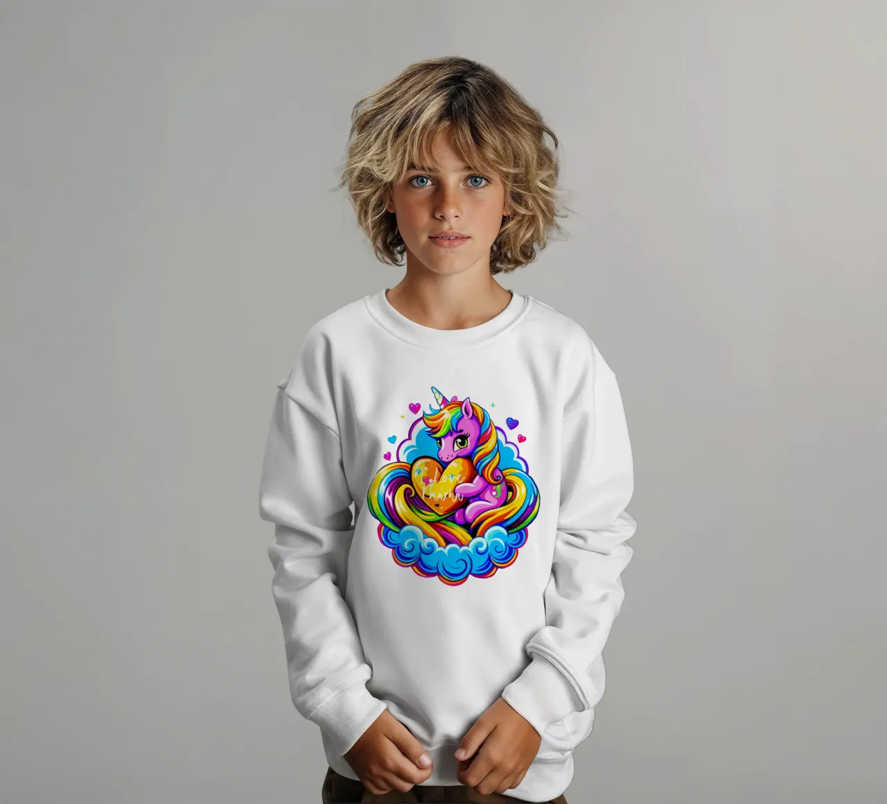 Cute Unicorn Hugging a Heart Pillow on a Cloud - Custom Text sweat enfant de Artnesia