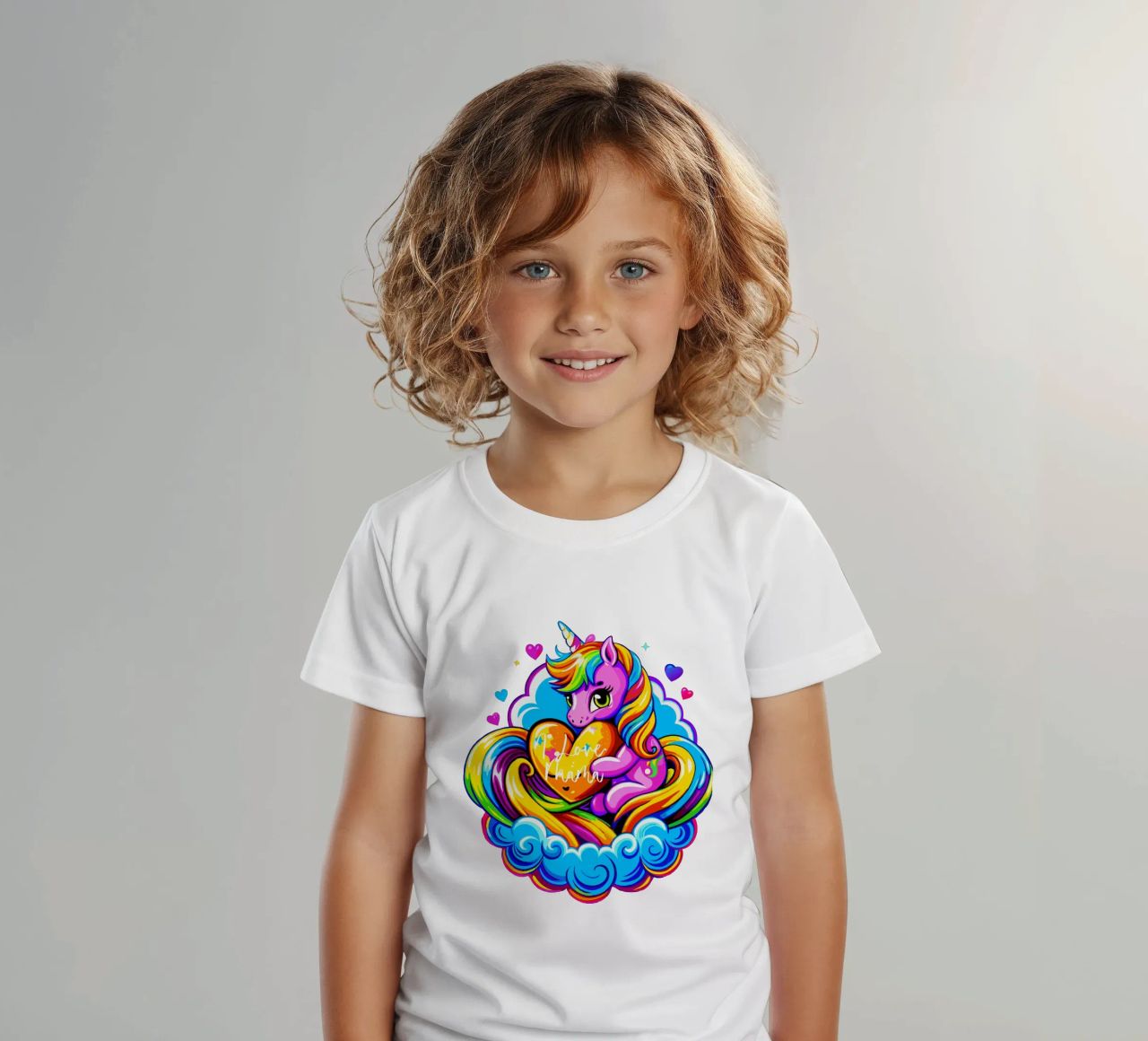 Cute Unicorn Hugging a Heart Pillow on a Cloud - Custom Text t-shirt bambini da Artnesia