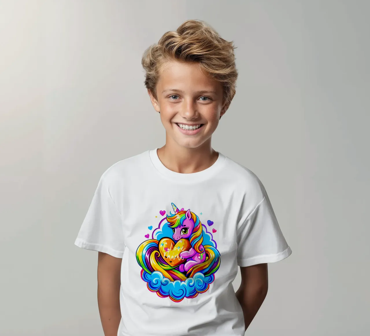 Cute Unicorn Hugging a Heart Pillow on a Cloud - Custom Text t-shirt bambini da Artnesia