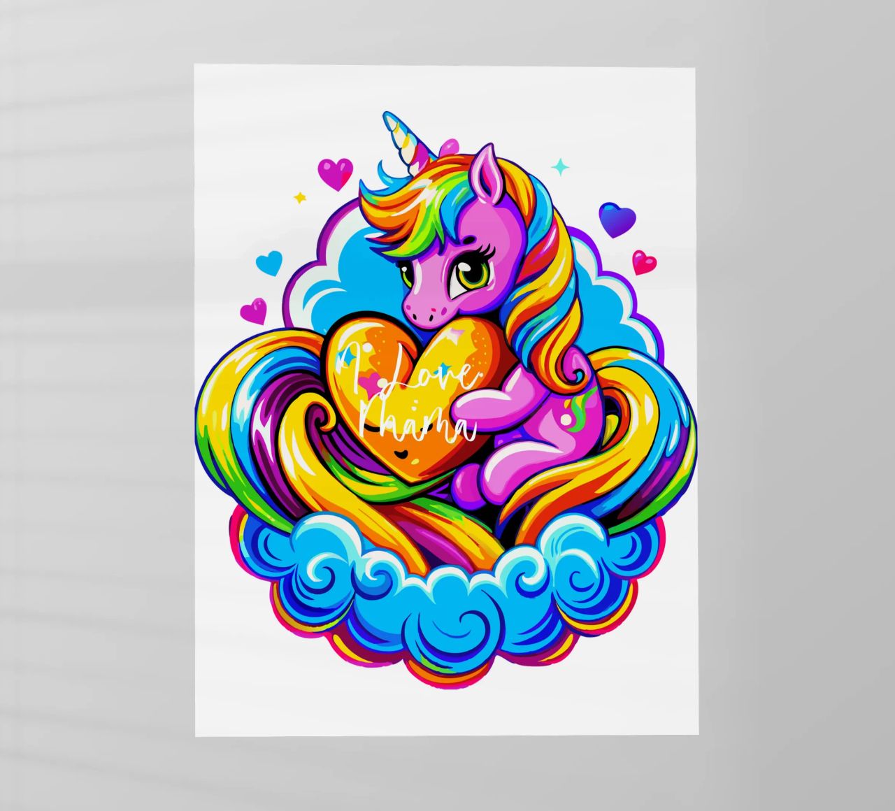Cute Unicorn Hugging a Heart Pillow on a Cloud - Custom Text pellicola backlit da Artnesia