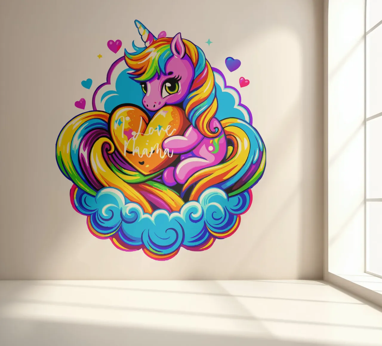Cute Unicorn Hugging a Heart Pillow on a Cloud - Custom Text papier peint photo de Artnesia