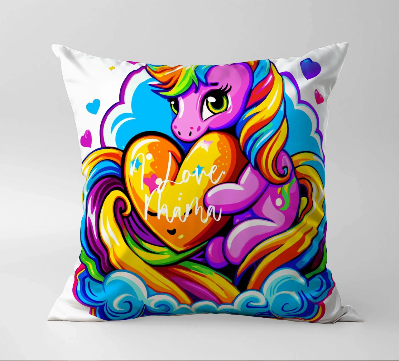 Cute Unicorn Hugging a Heart Pillow on a Cloud - Custom Text cuscino da Artnesia