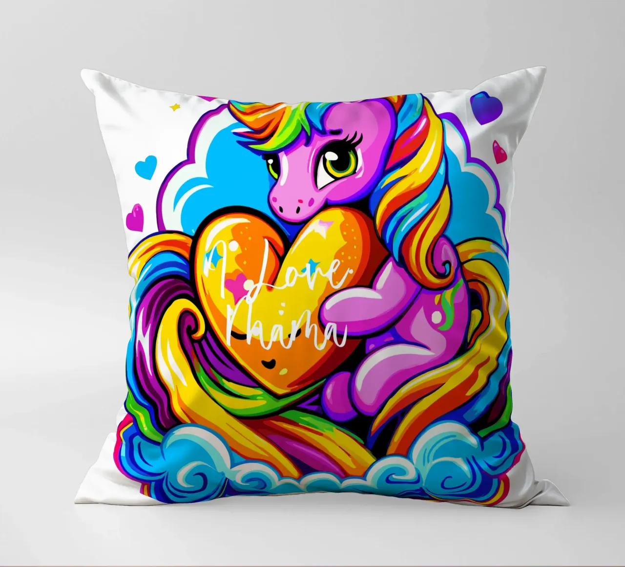 Cute Unicorn Hugging a Heart Pillow on a Cloud - Custom Text decorative cushion by Artnesia