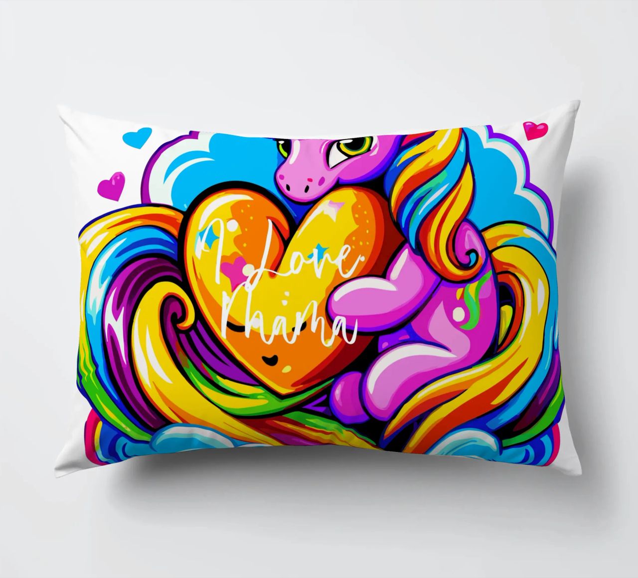 Cute Unicorn Hugging a Heart Pillow on a Cloud - Custom Text cuscino da Artnesia