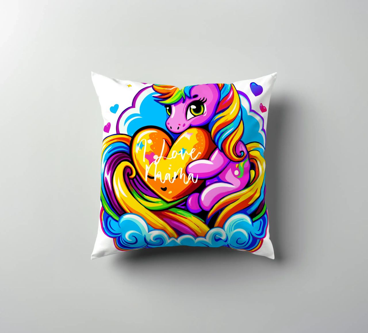 Cute Unicorn Hugging a Heart Pillow on a Cloud - Custom Text cuscino da Artnesia